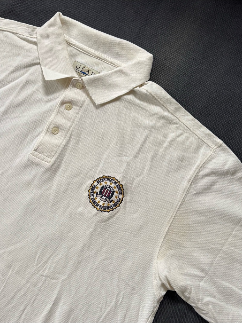 Vintage Gear For Sports FBI Polo Shirt Mens XL White 100% Cotton Federal Bureau